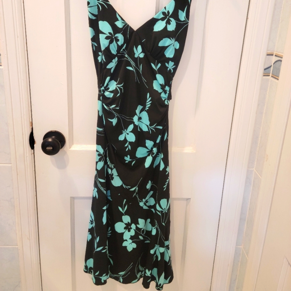 Ruby Rox, Small, Black Halter Dress with turquoise hibiscus